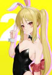 Rule 34 | 1girl, absurdres, ahoge, animal ears, black bow, black bowtie, black leotard, blonde hair, bocchi the rock!, bow, bowtie, breasts, cleavage, closed mouth, collarbone, detached collar, fake animal ears, hand up, highres, ijichi nijika, leotard, looking at viewer, medium breasts, outline, pink outline, playboy bunny, polka dot, polka dot bow, rabbit ears, red bow, red eyes, side ponytail, sidelocks, smile, solo, strapless, strapless leotard, sweatdrop, v, white wrist cuffs, wish-tf, wrist cuffs, yellow background