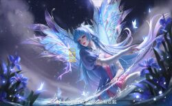 Rule 34 | 1girl, blue hair, butterfly hair ornament, butterfly wings, douluo dalu, duan wu dw, dutch angle, full moon, grass, hair ornament, highres, insect wings, juliet sleeves, long hair, long sleeves, looking to the side, moon, night, outdoors, parted lips, puffy sleeves, second-party source, sitting, solo, splashing, star (sky), tang wutong (douluo dalu), teeth, thighhighs, water, watermark, white thighhighs, wings