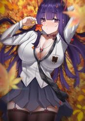 Rule 34 | 1girl, absurdres, akuma nihmune, akuma nihmune (1st costume), autumn, autumn leaves, black necktie, black skirt, black thighhighs, breasts, choker, cleavage, commentary, demon horns, english commentary, fake horns, garter straps, hair ornament, hairclip, heart, heart choker, heart tattoo, highres, holding, holding leaf, horns, indie virtual youtuber, jewelry, large breasts, leaf, long hair, looking at viewer, lulanoon, lying, mole, mole under eye, necklace, necktie, on back, purple hair, red choker, red eyes, shirt, skirt, tattoo, thighhighs, virtual youtuber, white shirt
