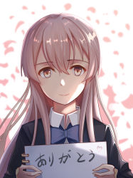 Rule 34 | 1girl, absurdres, commentary request, hair between eyes, hands up, heart, high collar, highres, holding, holding notebook, jacket, koe no katachi, long hair, necktie, nishimiya shouko, notebook, pink background, pink hair, school uniform, shirt, simple background, solo, translated, upper body, white background, white shirt, ziranyuan