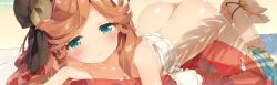 Rule 34 | 10s, 1girl, anklet, ass, bare shoulders, barefoot, barefoot sandals (jewelry), bikini, black bow, blue eyes, bow, breasts, butt crack, close-up, closed mouth, collarbone, downpants, eyebrows, granblue fantasy, hair bow, hanging breasts, heart, heart-shaped pupils, innertube, jewelry, kani biimu, long hair, looking at viewer, lying, medium breasts, on stomach, orange hair, outdoors, sara (granblue fantasy), sarong, smile, solo, swim ring, swimsuit, symbol-shaped pupils, thigh strap, transparent, white bikini
