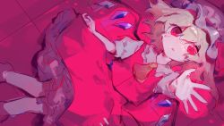 Rule 34 | 1girl, arm up, blonde hair, buttons, collared shirt, commentary request, crying, crystal, eyelashes, eyes visible through hair, feet out of frame, flandre scarlet, floor, frills, grey hat, grey shirt, hair between eyes, hand up, hat, hat ribbon, highres, jewelry, looking up, lying, mob cap, nemachi, on back, one side up, open mouth, pink eyes, pink ribbon, pink skirt, pink vest, puffy short sleeves, puffy sleeves, purple socks, ribbon, shirt, short hair, short sleeves, skirt, socks, solo, tears, touhou, vest, wings