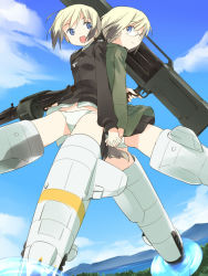 Rule 34 | 2girls, asoka, back-to-back, blonde hair, blue eyes, brown hair, day, drum magazine, erica hartmann, glasses, gun, holding hands, magazine (weapon), military, military uniform, mountainous horizon, multicolored hair, multiple girls, no pants, open mouth, panties, rocket launcher, short hair, siblings, sisters, strike witches, strike witches: suomus misfits squadron, striker unit, twins, two-tone hair, underwear, uniform, ursula hartmann, weapon, weapon request, world witches series