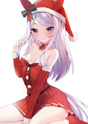 Rule 34 | 1girl, absurdres, animal ears, blush, breasts, christmas, commentary request, hat, highres, horse ears, horse girl, horse tail, looking at viewer, mejiro mcqueen (umamusume), purple eyes, rei (ilust9999), santa costume, santa hat, seiza, simple background, sitting, small breasts, smile, solo, tail, umamusume, white background