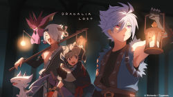 Rule 34 | 3boys, armor, brown eyes, detached sleeves, dragalia lost, dragon, fur trim, holding, holding hands, holding lantern, japanese armor, jurota, lantern, looking at another, looking to the side, male focus, multiple boys, official art, open mouth, parted lips, pink eyes, sleepy, sleeveless, taro (dragalia lost), white hair, yaten (dragalia lost)