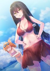 Rule 34 | &gt; &lt;, 2girls, black hair, blush, breasts, cleavage, day, frilled swimsuit, frills, girls&#039; frontline, goggles, goggles on head, hands on own hips, helianthus (girls&#039; frontline), kalina (girls&#039; frontline), large breasts, long hair, medium breasts, monochrome, multiple girls, navel, reflection, swimsuit, wading, yellow eyes, yodori-san