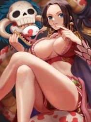 Rule 34 | 1girl, black hair, blue eyes, boa hancock, breasts, cleavage, commentary request, crossed legs, earrings, eyelashes, highres, jewelry, large breasts, long hair, looking at viewer, midriff, oekakiboya, one piece, salome (one piece), sitting, snake, snake earrings, solo