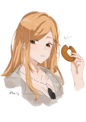 Rule 34 | 1girl, artist name, blonde hair, breasts, brown eyes, cleavage, closed mouth, cropped torso, doughnut, eating, food, girls&#039; frontline, grey shirt, highres, holding, holding food, jewelry, long hair, looking at viewer, m2hb (girls&#039; frontline), medium breasts, necklace, shirt, solo, sutekina awa, upper body, white background