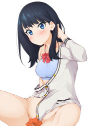 Rule 34 | 10s, 1girl, bikini, black hair, blue bikini, blue eyes, blush, bow, breasts, cardigan, convenient censoring, covered erect nipples, gridman universe, hinata masaki, long hair, long sleeves, looking at viewer, medium breasts, open cardigan, open clothes, orange scrunchie, pussy, pussy peek, red bow, scrunchie, simple background, sitting, solo, spread legs, ssss.gridman, swimsuit, takarada rikka, white background, white cardigan