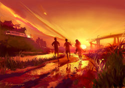 Rule 34 | 1girl, 2boys, architecture, bicycle, cloud, dated, east asian architecture, from behind, grass, long hair, multiple boys, orange sky, original, outdoors, power lines, puddle, running, scenery, school uniform, shirt, shorts, signature, skirt, sky, splashing, sunset, t-shirt, torii, train, yashitama