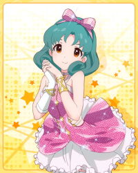 Rule 34 | 10s, 1girl, bracelet, brown hair, choker, fingerless gloves, gloves, green hair, hair ribbon, hairband, idolmaster, idolmaster million live!, jewelry, looking at viewer, lots of jewelry, official art, own hands clasped, own hands together, ribbon, single glove, skirt, smile, tokugawa matsuri, yellow background
