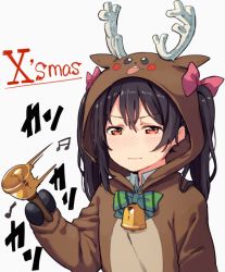 Rule 34 | &gt;:|, 10s, 1girl, :|, animal costume, animal hood, antlers, bell, black hair, bow, bowtie, christmas, closed mouth, grey background, hair bow, haruken, hood, hood up, horns, love live!, love live! school idol project, pink bow, red eyes, reindeer costume, short hair, simple background, solo, striped bow, striped bowtie, striped clothes, striped neckwear, sweatdrop, twintails, upper body, v-shaped eyebrows, yazawa nico