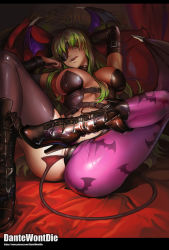 Rule 34 | 1girl, animal print, ass, bat print, bat wings, black pantyhose, boots, breasts, cameltoe, closed eyes, dantewontdie, demon girl, elbow gloves, gloves, green eyes, green hair, head wings, high heels, highres, large breasts, long hair, looking at viewer, lying, monster girl, morrigan aensland, naughty face, on back, pantyhose, purple thighhighs, revealing clothes, smile, solo, tail, teeth, thighhighs, tongue, tongue out, vampire (game), very long hair, wings