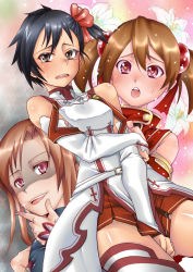Rule 34 | 10s, 1boy, 2girls, armor, asuna (sao), asuna (sao) (cosplay), bare shoulders, black eyes, blush, breastplate, brown hair, cosplay, crossdressing, detached sleeves, flower, heart, heart-shaped pupils, kirito, lily (flower), long hair, multiple girls, naohime, red eyes, shaded face, short hair, short twintails, silica, sword art online, symbol-shaped pupils, tears, thighhighs, trap, twintails, white thighhighs
