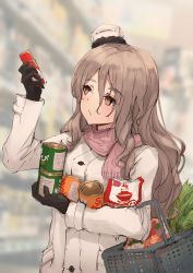 Rule 34 | 1girl, basket, black gloves, bottle, brown eyes, can, coat, commentary request, gloves, grey hair, groceries, hat, highres, k jie, kantai collection, long hair, mini hat, official alternate costume, pink scarf, pola (kancolle), scarf, shopping, solo, thick eyebrows, wavy hair, white coat