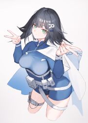 Rule 34 | 1girl, abigail (black survival), absurdres, belt pouch, black hair, black survival, blue jacket, breasts, cape, closed mouth, cropped legs, double v, eternal return: black survival, green eyes, hair ornament, highres, jacket, large breasts, leaning forward, long sleeves, looking at viewer, pouch, simple background, solo, thigh strap, tunamayo (dsasd751), v, white background, white cape