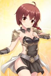 Rule 34 | 1girl, ahoge, alternative girls, armlet, armor, breastplate, breasts, brown hair, cleavage, closed mouth, highres, looking at viewer, official art, short hair, shoulder pads, skirt, smile, solo, thigh strap, yellow background, yuuki miyaka