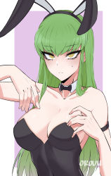Rule 34 | 1girl, :&lt;, animal ears, arm strap, artist name, bare arms, black bow, black bowtie, black hairband, black legwear, blunt bangs, bow, bowtie, breasts, c.c., cleavage, closed mouth, code geass, collar, collarbone, commentary, detached collar, english commentary, fake animal ears, green hair, hairband, hands up, highres, leotard, long hair, looking at viewer, medium breasts, orouu, playboy bunny, rabbit ears, ringed eyes, signature, solo, straight hair, sweat, traditional bowtie, tsurime, upper body, white collar, wing collar, yellow eyes