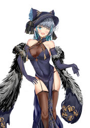 Rule 34 | 1girl, :d, absurdres, aishendejian, azur lane, bare shoulders, black thighhighs, blue eyes, breasts, cheshire (azur lane), cheshire (cait sith crooner) (azur lane), china dress, chinese clothes, cleavage, dress, elbow gloves, feather boa, fedora, flower, gloves, grey hair, hand on own hip, hat, hat flower, highres, large breasts, official alternate costume, one eye closed, open mouth, purple dress, purple gloves, purple hat, see-through, see-through cleavage, smile, solo, thighhighs, white background