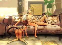Rule 34 | 3girls, all fours, animal ears, ass, back, bad anatomy, blonde hair, breast sucking, breasts, cat ears, cat tail, collar, collarbone, couch, cunnilingus, dark skin, erection, eyepatch, final fantasy, final fantasy xiv, futanari, handjob, highres, holding, hyur, indoors, kemonomimi mode, l&#039;fah morcant, leash, lying, medium breasts, miqo&#039;te, multiple girls, navel, newhalf, nude, nursing handjob, on back, on couch, on floor, oral, penis, plant, pubic hair, purple eyes, pussy, red hair, scar, sitting, smile, soles, spread legs, swept bangs, tail, tattoo, testicles, tongue, tongue out, veins, veiny penis, white hair