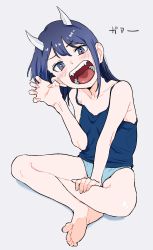 Rule 34 | 1girl, aoki ruri, bare arms, bare legs, bare shoulders, barefoot, blue eyes, blue hair, blue shirt, blue shorts, blush, breasts, camisole, claw pose, collarbone, fangs, full body, grey background, hand up, head tilt, highres, horns, indian style, long hair, open mouth, osame, ruri dragon, shirt, short shorts, shorts, sidelocks, simple background, sitting, slit pupils, small breasts, solo, teeth, tongue