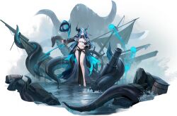 Rule 34 | 1girl, alpha transparency, artist request, asymmetrical bangs, azur lane, barefoot, belt, black coat, blue eyes, blue hair, blue horns, breasts, breasts apart, coat, dragon horns, dress, full body, hair between eyes, hand on own hip, highres, horns, large breasts, legs, long hair, long sleeves, looking at viewer, mary celeste (azur lane), navel, no bra, official art, open clothes, open coat, open mouth, outstretched arm, pelvic curtain, pointy ears, revealing clothes, rigging, rock, sailing ship, ship, sidelocks, smile, smoke, solo, spread navel, standing, standing on liquid, stomach, tentacles, thighs, toenails, torn clothes, torn dress, transparent background, underboob, very long hair, water, watercraft, waves, wide sleeves