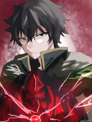 Rule 34 | 1boy, absurdres, black hair, closed mouth, commentary request, green eyes, hair between eyes, highres, iwatani naofumi, looking at viewer, male focus, red background, short hair, slit pupils, solo, tate no yuusha no nariagari, tsukuno tsuki, twitter username, upper body