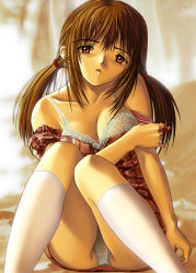 Rule 34 | 1girl, :o, absurdres, bare shoulders, bra, breasts, brown hair, cameltoe, cleavage, clothes pull, dress, dress pull, embarrassed, female focus, head tilt, highres, kneehighs, kobayashi yuji, lace, lace bra, lingerie, long hair, looking at viewer, nipples, off shoulder, open mouth, panties, pantyshot, plaid, pulled by self, red eyes, scrunchie, see-through, short dress, signature, sitting, skirt, socks, solo, twintails, underwear, undressing, white bra, white panties, white socks