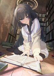 Rule 34 | 1girl, absurdres, black hair, black pantyhose, blue archive, blue eyes, blue neckerchief, blush, book, botaso (t4s0), cardigan, commentary request, embarrassed, glasses, halo, highres, library, long hair, long sleeves, looking at viewer, neckerchief, on floor, open mouth, pantyhose, round eyewear, sailor collar, school uniform, serafuku, shirt, sitting, solo, ui (blue archive), wavy mouth, white sailor collar, white shirt, yellow cardigan, yellow halo
