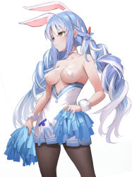 Rule 34 | 1girl, animal ear fluff, animal ears, blue hair, breasts, cowboy shot, duplicate, extra ears, fuyouchu, hand on own hip, high-waist skirt, holding, holding pom poms, hololive, long hair, looking away, medium breasts, multicolored hair, pantyhose, parted lips, pasties, pom pom (cheerleading), pom poms, rabbit ears, red eyes, simple background, skirt, solo, standing, twintails, two-tone hair, usada pekora, very long hair, virtual youtuber, white background, white hair, white skirt, wrist cuffs