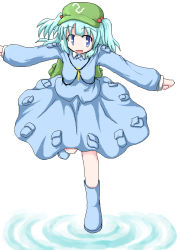 Rule 34 | 1girl, aqua hair, baerun, blue eyes, blue hair, boots, female focus, hat, kawashiro nitori, matching hair/eyes, outstretched arms, ripples, rubber boots, skirt, solo, spread arms, touhou, twintails, two side up, water, white background
