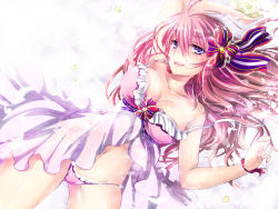 Rule 34 | 1girl, arm up, bare shoulders, blue eyes, breasts, collarbone, dress, hair ribbon, long hair, looking at viewer, lying, megurine luka, mikami mika, navel, on back, panties, pink hair, pink panties, ribbon, solo, strap slip, underwear, vocaloid