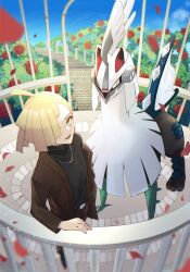 Rule 34 | 1boy, ahoge, alternate costume, belt buckle, blonde hair, blurry, brown jacket, buckle, bush, commentary request, creatures (company), day, falling petals, flower, game freak, gen 7 pokemon, gladion (pokemon), green eyes, highres, jacket, jewelry, legendary pokemon, long sleeves, looking at viewer, male focus, necklace, nintendo, off shoulder, open mouth, outdoors, petals, pokemon, pokemon (creature), pokemon sm, red flower, shirt, short hair, silvally, smile, ssn (sasa8u9r), standing