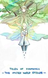 Rule 34 | 00s, 1boy, 1girl, bare shoulders, blonde hair, brother and sister, capelet, copyright name, closed eyes, green hair, highres, long hair, martel yggdrasill, mithos yggdrasill, siblings, tales of (series), tales of symphonia, tree, wings