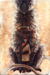 Rule 34 | 1boy, bad id, bad pixiv id, brown hair, child, chimera, creature, feathers, griffin, k-sara, male focus, painting (medium), sandals, short hair, solo, tail, the boy (the last guardian), the last guardian, traditional media, trico (character), tunic, watercolor (medium)
