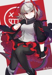 Rule 34 | 1girl, ahoge, antennae, arknights, black footwear, black gloves, black pantyhose, black scarf, breasts, commentary, controller, demon girl, demon horns, demon tail, detonator, fingerless gloves, foot out of frame, gloves, grey hair, grey shirt, hand up, highres, holding, holding remote control, horns, illynda, looking at viewer, pantyhose, red background, red eyes, remote control, scar, scar on arm, scarf, shirt, shoes, short hair, simple background, sleeves past elbows, small breasts, smile, solo, tail, twitter username, w (arknights)