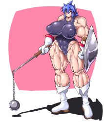 Rule 34 | blue hair, mace, mocoack, muscular, red eyes, shield, swimsuit, weapon