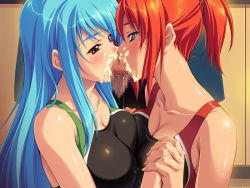 Rule 34 | 1boy, 2girls, artist request, bare shoulders, blue eyes, blue hair, blush, breast press, breasts, brown eyes, censored, character request, cleavage, collarbone, competition swimsuit, cooperative fellatio, covered erect nipples, cum, eye contact, facial, fellatio, fingernails, from side, gakuen saimin reido, game cg, half-closed eyes, hetero, holding hands, interlocked fingers, kneeling, long hair, looking at another, medium breasts, mosaic censoring, multiple girls, one-piece swimsuit, oral, orange hair, penis, ponytail, saliva, shiny skin, source request, spandex, swimsuit, symmetrical docking, teamwork, upper body