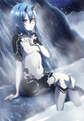 Rule 34 | 1girl, blush, breasts, collarbone, hand on own chest, harukaze bou, heterochromia, horns, io (pso2), nipples, phantasy star, phantasy star online 2, short hair, silver hair, sitting, small breasts, solo, tattoo, water, waterfall