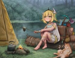 Rule 34 | &gt; &lt;, 1girl, :t, absurdres, amano pikamee, animal ears, axe, backpack, bag, banana, barefoot, black hair, black hairband, blonde hair, blush, bottle, brown bag, bush, campfire, camping, cat, colored inner hair, commentary, cooking, dress, english commentary, food, forest, fruit, gold trim, gourd, green hair, hairband, highres, holding, holding stick, horns, irukuz, jitome, kettle, lake, log, making-of available, map, minecraft axe, multicolored hair, mushroom, nature, outdoors, pout, rock, sitting, sitting on log, socks (amano pikamee), solo focus, spatula, stick, tent, toes, tomoe (amano pikamee), tree, two-tone hair, virtual youtuber, voms, white dress, yellow eyes