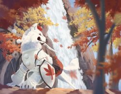 Rule 34 | autumn, autumn leaves, black skirt, commentary request, detached sleeves, forest, full body, hat, highres, inubashiri momiji, inubashiri momiji (wolf), leaf, leaf print, looking afar, maple leaf, maple leaf print, mouth hold, nature, no humans, outdoors, pom pom (clothes), red skirt, ribbon-trimmed sleeves, ribbon trim, satellitedragon, shield, shirt, skirt, sleeveless, sleeveless shirt, solo, sword, tokin hat, touhou, water, waterfall, weapon, white shirt, wolf