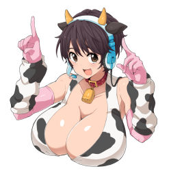Rule 34 | 10s, 1girl, :d, animal ears, animal print, bad id, bad pixiv id, bell, breasts, brown eyes, brown hair, cleavage, collar, cow ears, cow horns, cow print, elbow gloves, gloves, hairband, headphones, headset, horns, huge breasts, idolmaster, idolmaster cinderella girls, nash (na-si), oikawa shizuku, open mouth, pink gloves, short hair, simple background, smile, solo