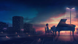 Rule 34 | 1girl, building, chair, city, cityscape, highres, instrument, music, open mouth, original, piano, playing instrument, scenery, short hair, short sleeves, singing, sitting, skyscraper, solo, stairs, sunset, yuhack