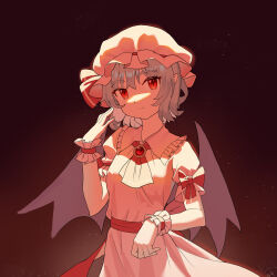 Rule 34 | 1girl, absurdres, bat wings, blue hair, bow, breasts, commentary, dress, hat, head tilt, highres, long dress, mob cap, pink dress, pointy ears, puffy short sleeves, puffy sleeves, red bow, red eyes, remilia scarlet, short sleeves, small breasts, solo, touhou, upper body, wings, wrist cuffs, youpofen