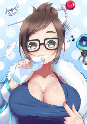 Rule 34 | 1girl, 2016, :d, artist name, bare shoulders, beads, black-framed eyewear, bottle, breasts, brown eyes, brown hair, cleavage, cleavage reach, clothes pull, coat, collarbone, covered erect nipples, dated, dress, drone, eyebrows, feixiang c, fingernails, floating, fur-trimmed jacket, fur coat, fur trim, glasses, grin, hair bun, hair ornament, hair stick, hairpin, highres, holding, holding bottle, jacket, large breasts, looking at viewer, mei (overwatch), musical note, open clothes, open jacket, open mouth, overwatch, overwatch 1, parka, polka dot, polka dot background, quaver, robot, shirt pull, short hair, sidelocks, single hair bun, smile, snowball (overwatch), snowflake hair ornament, solo, sweatdrop, swept bangs, tank top, upper body, water, water drop, winter clothes, winter coat