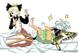 Rule 34 | 2girls, antennae, bare legs, barefoot, black bow, black shirt, blonde hair, blue hair, bow, brown dress, butterfly wings, buttons, dress, eternity larva, green dress, hair bow, highres, insect wings, kurodani yamame, leaf, leaf on head, long sleeves, medium hair, multiple girls, peroponesosu., ponytail, restrained, shirt, short hair, short sleeves, silk, simple background, soles, spider web, sweat, toes, touhou, white background, wings, yellow wings