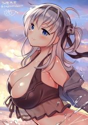 Rule 34 | 1girl, ahoge, beach, bikini, black bikini, blue eyes, blush, breasts, cleavage, closed mouth, clothes writing, collarbone, dated, dusk, grey jacket, hair ornament, headband, highres, jacket, kantai collection, large breasts, lips, long hair, looking at viewer, one side up, outdoors, sasachin (k+w), signature, silver hair, smile, solo, suzutsuki (kancolle), swimsuit, twitter username, upper body