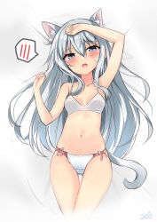 Rule 34 | 1girl, animal ears, artist name, bed sheet, blue eyes, blush, bra, breasts, cat ears, cat tail, collarbone, hair between eyes, hibiki (kancolle), kantai collection, long hair, looking at viewer, navel, open mouth, panties, signature, silver hair, small breasts, solo, sou (soutennkouchi), spoken blush, tail, underwear, underwear only, white bra, white panties