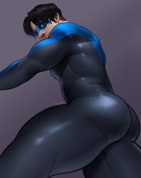 Rule 34 | 1boy, ass, ass focus, bara, batman (series), black bodysuit, black hair, blue bodysuit, bodysuit, closed mouth, covered erect nipples, dc comics, dick grayson, domino mask, highres, lamasart, large pectorals, male focus, mask, muscular, muscular male, nightwing, pectorals, short hair, simple background, smile, solo, superhero costume, thick thighs, thighs, twitter username, two-tone bodysuit