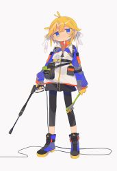 Rule 34 | 1girl, absurdres, arms at sides, blonde hair, blue eyes, daizu (melon-lemon), full body, gloves, grey background, hair ornament, head tilt, highres, holding, huge filesize, jacket, leggings, long sleeves, looking at viewer, no nose, parted lips, short hair, simple background, solo, standing, sweat, tears, yellow gloves